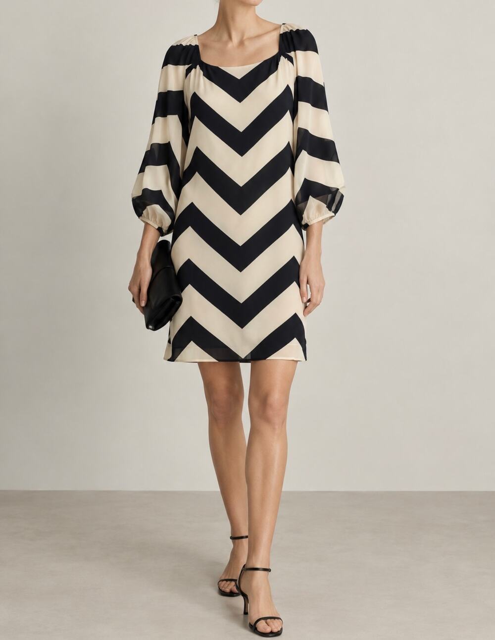 Diane Von Furstenberg Silk Mini Dress Chevron Printed Long Sleeve Chiffon US 12